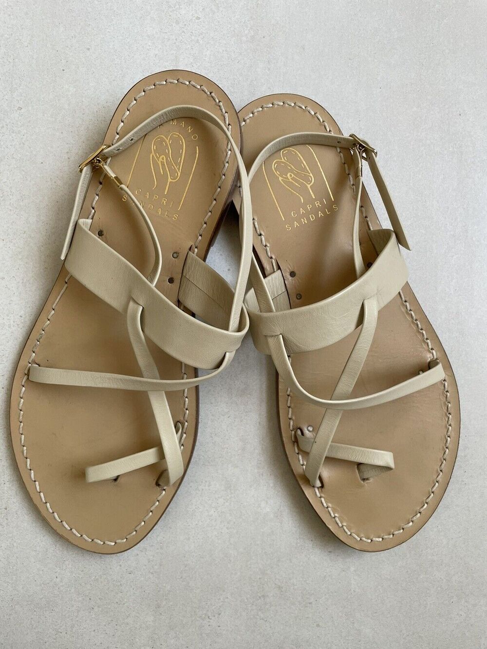 A. Mano Capri Sandals Flats Shoes Strapply Leather Tan Italy